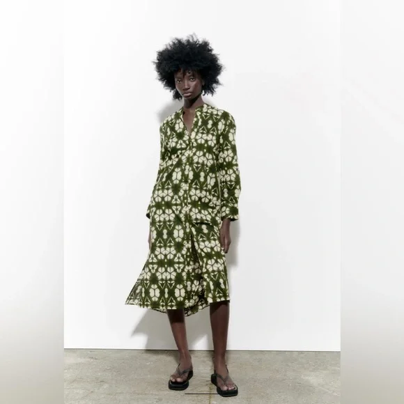 Zara | Dresses | Zara Woman Midi Printed Dress Size Xs Color Green And Ivory  Nwt | Poshmark
